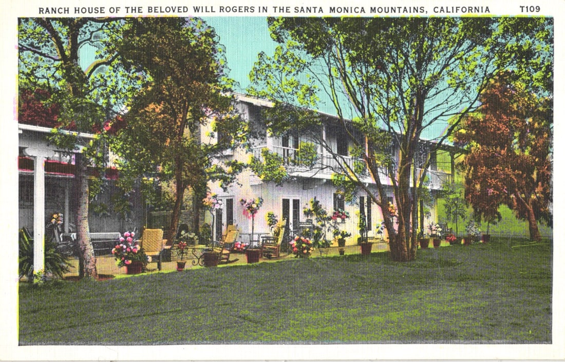 Linen postcard showing the Ranch House of the Beloved Will Rogers in the Santa Monica Mountains,: You are bidding on an original postcard and not a reprint. Please view photos for further description and condition considerations. Please know the scans may be darker or lighter than the actual item'