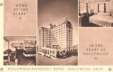 Postcard of the famous Hollywood-Roosevelt Hotel with exterior & Cinegrill views, Hollywood,