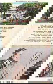 Linen postcard commemorating Will Rogers, showing his birthplace in Claremore, Oklahoma c. 1941