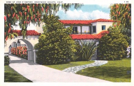Postcard showing the Spanish-style home of famous actress Joan Crawford, Brentwood Heights,