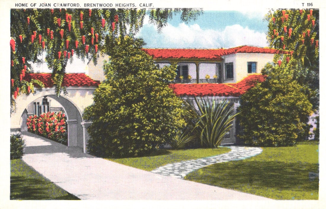 Postcard showing the Spanish-style home of famous actress Joan Crawford, Brentwood Heights,: You are bidding on an original postcard and not a reprint. Please view photos for further description and condition considerations. Please know the scans may be darker or lighter than the actual item'