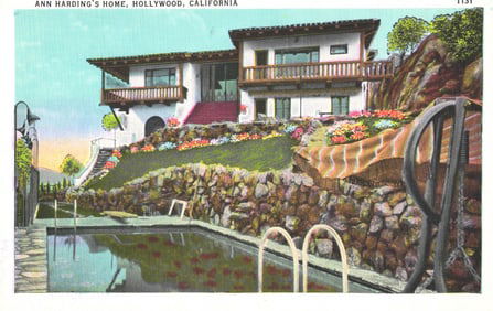 Linen postcard showing actress Ann Harding's home in Hollywood, California with swimming pool. c.