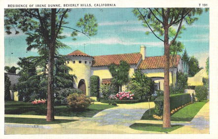 Postcard showing the Spanish-style residence of actress Irene Dunne in Beverly Hills, California.