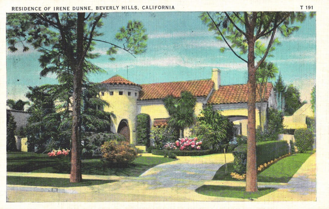 Postcard showing the Spanish-style residence of actress Irene Dunne in Beverly Hills, California. (1 of 2)