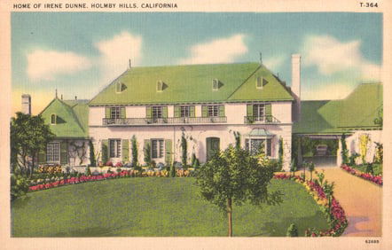 Postcard showing the home of actress Irene Dunne in Holmby Hills, California, circa 1940s view.