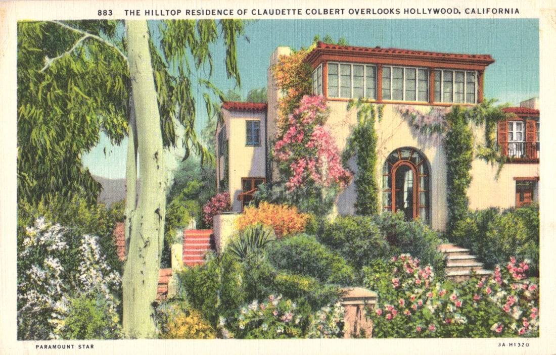 Postcard showing the hilltop residence of Paramount movie star Claudette Colbert, Hollywood,: You are bidding on an original postcard and not a reprint. Please view photos for further description and condition considerations. Please know the scans may be darker or lighter than the actual item'