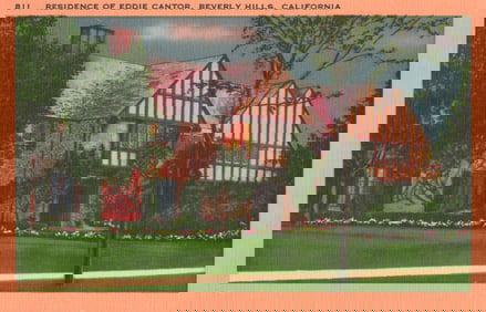 Linen postcard showing the Tudor-style home of famous comedian Eddie Cantor in Beverly Hills,