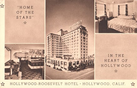 Postcard of the famous Hollywood-Roosevelt Hotel, "Home of the Stars", in Hollywood, California.
