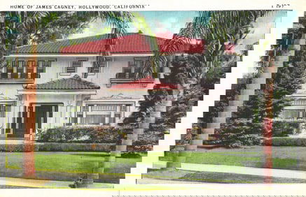 Linen postcard showing the residence of famous actor James Cagney in Hollywood, California c. 1940s