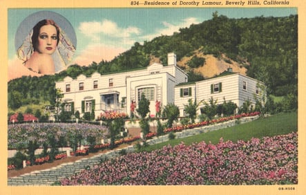 Linen postcard showing the beautiful hillside residence of actress Dorothy Lamour, Beverly Hills,