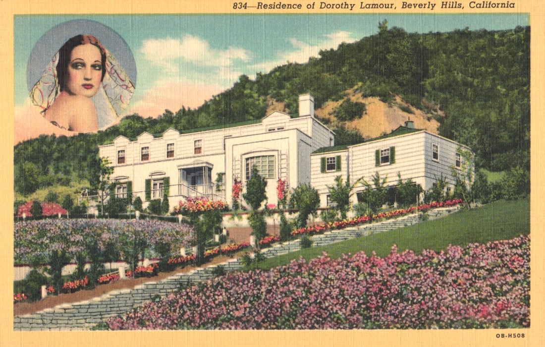 Linen postcard showing the beautiful hillside residence of actress Dorothy Lamour, Beverly Hills,: You are bidding on an original postcard and not a reprint. Please view photos for further description and condition considerations. Please know the scans may be darker or lighter than the actual item'