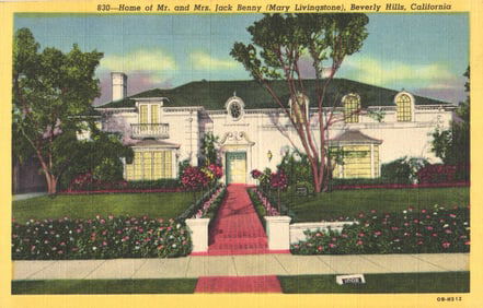 Western Publishing linen postcard of Jack Benny & Mary Livingstone's home in Beverly Hills,