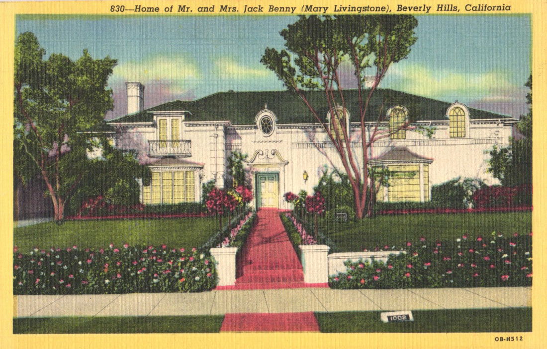 Western Publishing linen postcard of Jack Benny & Mary Livingstone's home in Beverly Hills,: You are bidding on an original postcard and not a reprint. Please view photos for further description and condition considerations. Please know the scans may be darker or lighter than the actual item'