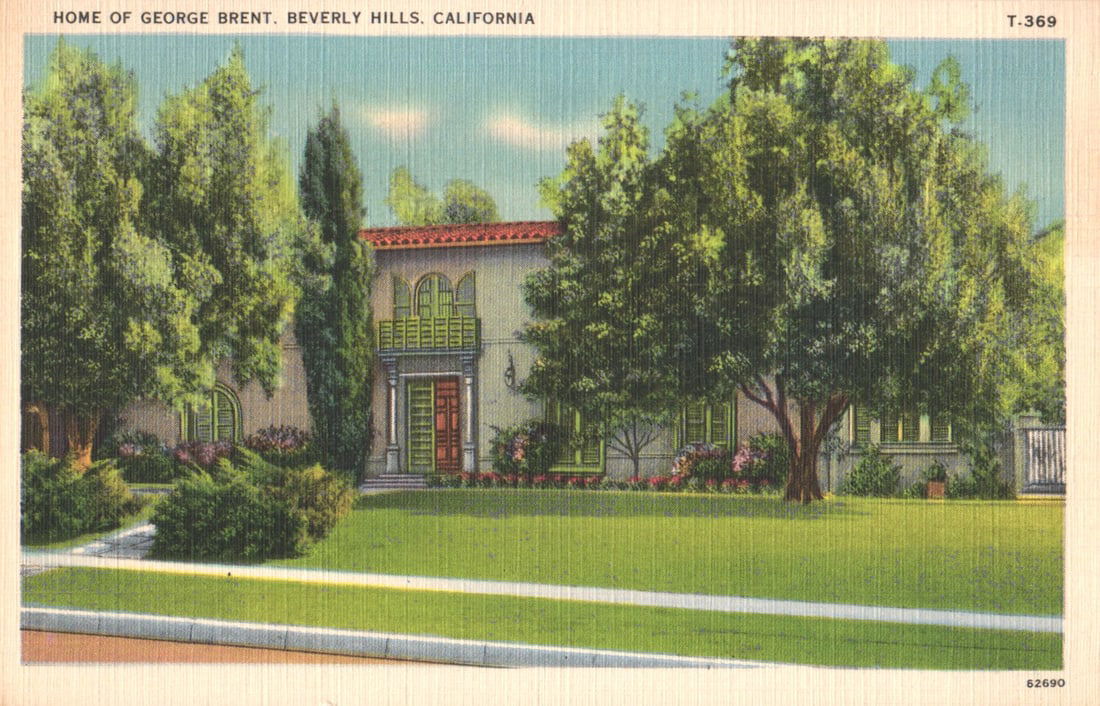Linen postcard showing the elegant Spanish-style home of actor George Brent, Beverly Hills,: You are bidding on an original postcard and not a reprint. Please view photos for further description and condition considerations. Please know the scans may be darker or lighter than the actual item'