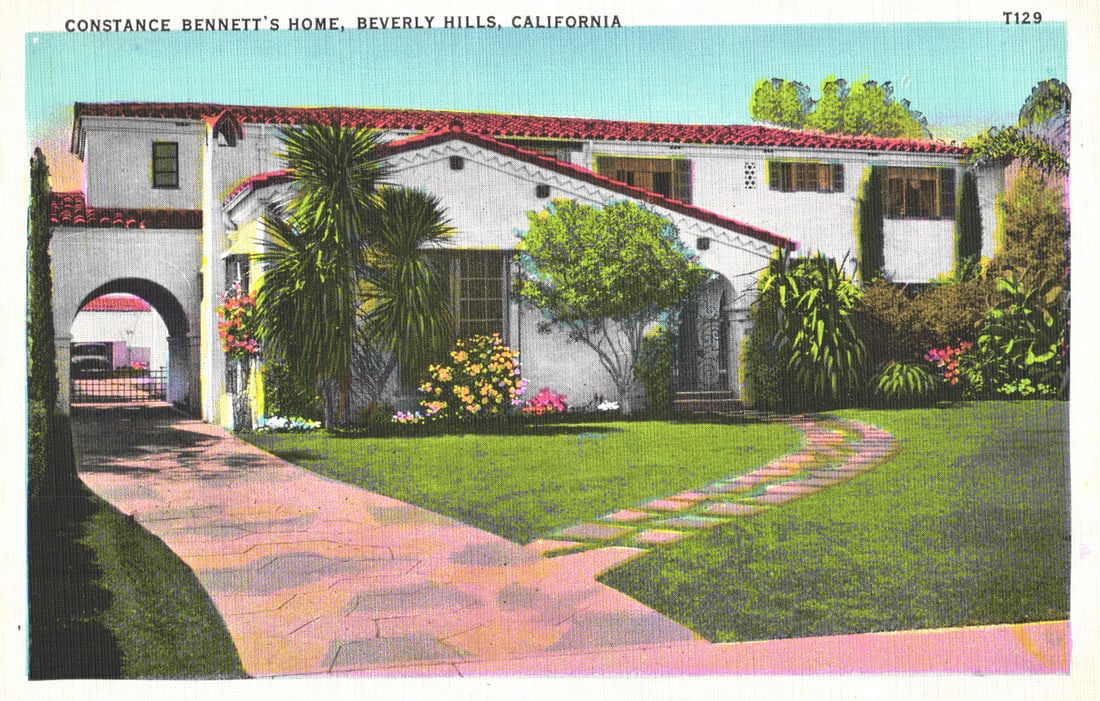 Linen postcard of actress Constance Bennett's Spanish Revival style home in Beverly Hills,: You are bidding on an original postcard and not a reprint. Please view photos for further description and condition considerations. Please know the scans may be darker or lighter than the actual item'
