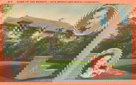 Postcard showing the home of comedians Jack Benny and Mary Livingston in Beverly Hills, California.