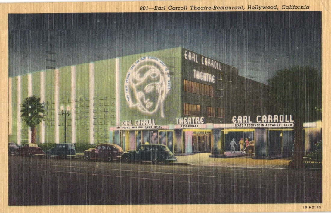 Linen Postcard of the Earl Carroll Theatre-Restaurant at night with neon lights, Hollywood,: You are bidding on an original postcard and not a reprint. Please view photos for further description and condition considerations. Please know the scans may be darker or lighter than the actual item'