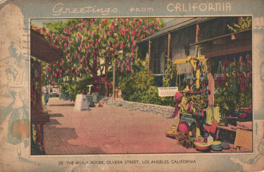 Postcard view of the historic Avila Adobe on Olvera Street in Los Angeles, California, circa 1940s.: You are bidding on an original postcard and not a reprint. Please view photos for further description and condition considerations. Please know the scans may be darker or lighter than the actual item'