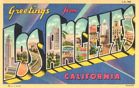 Greetings from Los Angeles, California large letter linen postcard with views of City Hall &