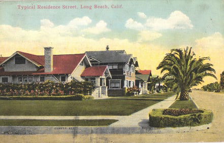 Postcard view of Temple Avenue, a typical residence street in Long Beach, California circa 1920s.
