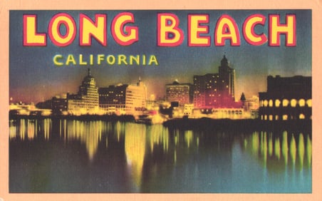 Postcard of the Long Beach, California skyline at night, its lights reflecting on the water c.