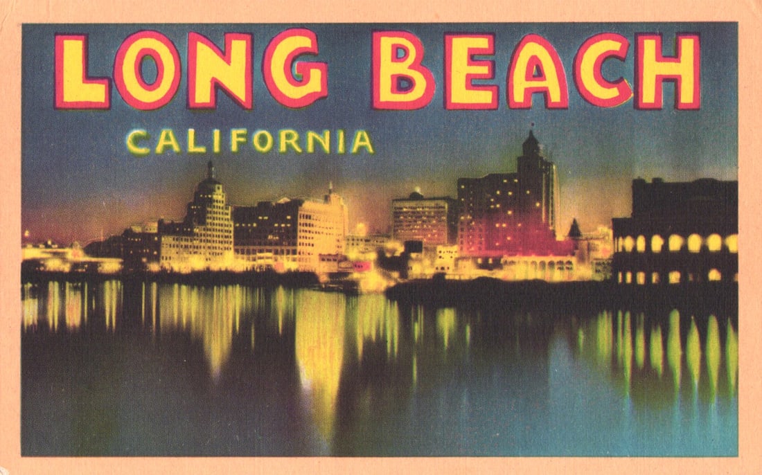 Postcard of the Long Beach, California skyline at night, its lights reflecting on the water c. (1 of 2)