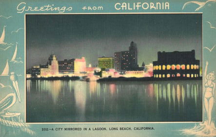 Linen Era postcard showing a nighttime view of Long Beach, California's city mirrored in a lagoon.