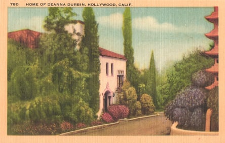 Linen postcard showing the home of actress Deanna Durbin in Hollywood, California during the 1940s.