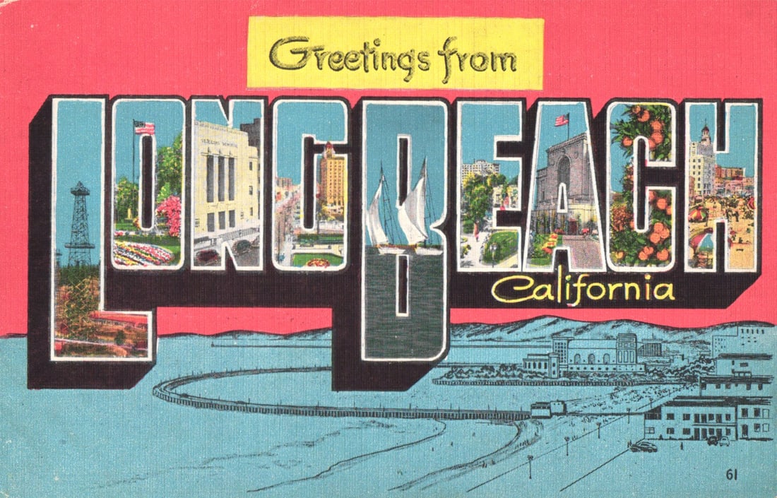 Linen postcard Greetings from Long Beach, California with views of Oil Wells, Rainbow Pier c. 1940s (1 of 2)