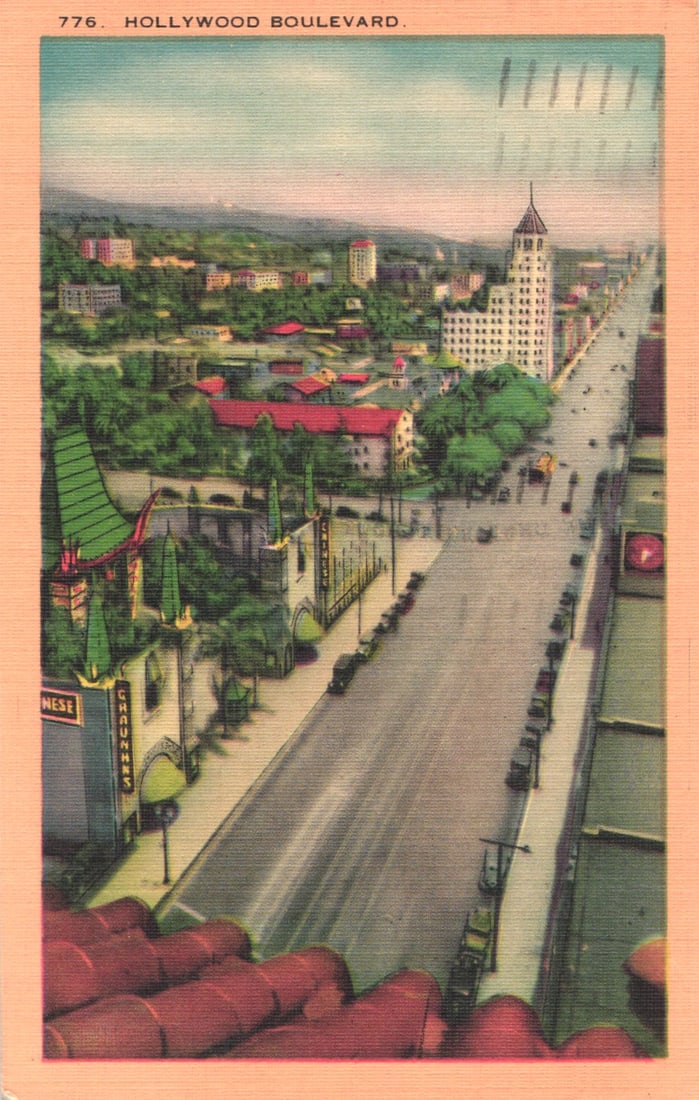 Linen postcard with an elevated view of Hollywood Boulevard in Los Angeles, California, c. 1948.: You are bidding on an original postcard and not a reprint. Please view photos for further description and condition considerations. Please know the scans may be darker or lighter than the actual item'
