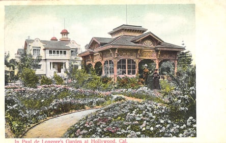 Postcard showing artist Paul de Longpre's beautiful rose garden and home in Hollywood, California.