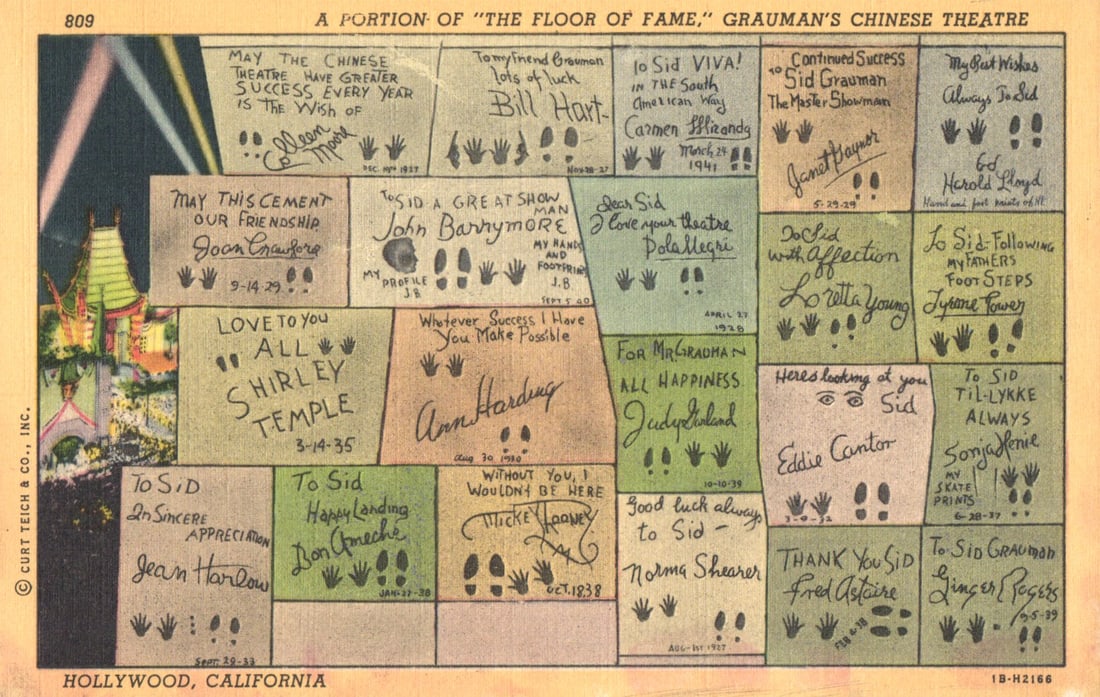 Postcard showing "The Floor of Fame" at Grauman's Chinese Theatre in Hollywood, California c. 1940s (1 of 2)