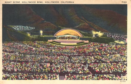 Postcard Night Scene of a Performance at the Hollywood Bowl, Hollywood, California circa 1940s