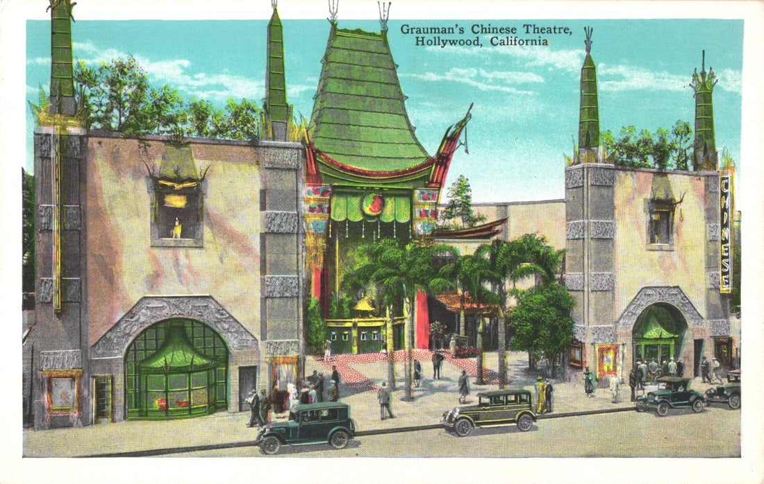 Linen postcard featuring Grauman's Chinese Theatre, a famous Hollywood, California landmark c. 1930s (1 of 2)