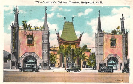 Postcard showing Grauman's Chinese Theatre facade in Hollywood, California with early cars, c. 1933
