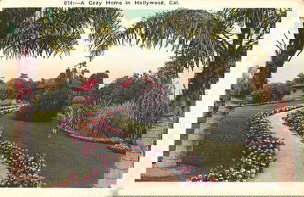 Postcard showing a cozy home with flower-lined path and palm trees in Hollywood, California c.