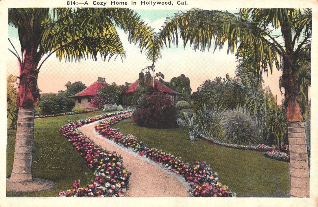 Postcard showing a cozy home with flower-lined path and palm trees in Hollywood, California c.: You are bidding on an original postcard and not a reprint. Please view photos for further description and condition considerations. Please know the scans may be darker or lighter than the actual item'