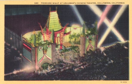 Linen Postcard of Premiere Night at Grauman's Chinese Theatre, Hollywood, California, c. 1930s
