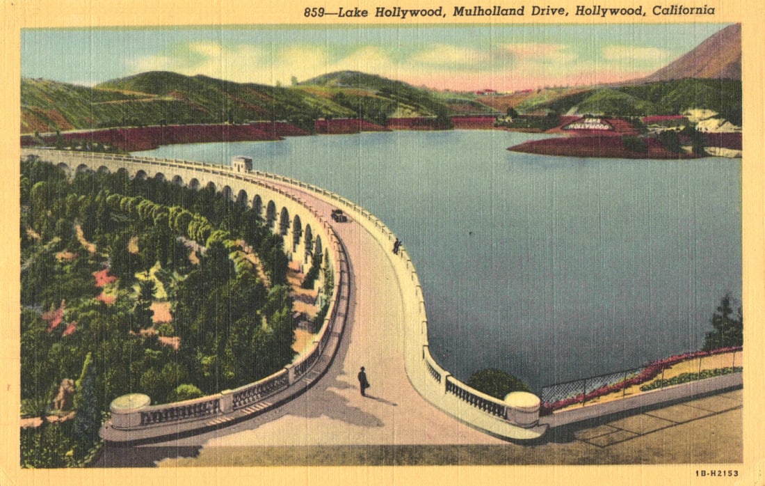 Postcard view of Lake Hollywood and the Mulholland Dam along Mulholland Drive in Hollywood, (1 of 2)