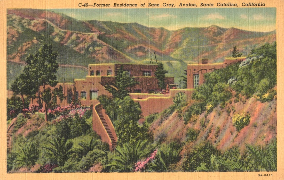 Linen era postcard showing the former Pueblo style residence of Zane Grey, Avalon, California.: You are bidding on an original postcard and not a reprint. Please view photos for further description and condition considerations. Please know the scans may be darker or lighter than the actual item'