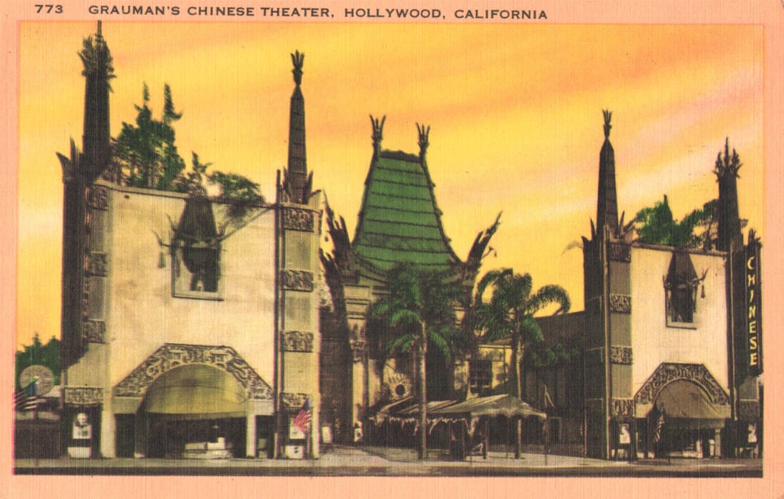 Linen postcard showing the iconic Grauman's Chinese Theater in Hollywood, California, circa 1940s. (1 of 2)
