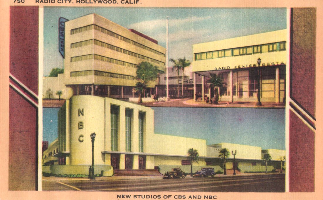 Linen postcard showing the new studios of CBS and NBC in Radio City, Hollywood, California c. 1940s. (1 of 2)
