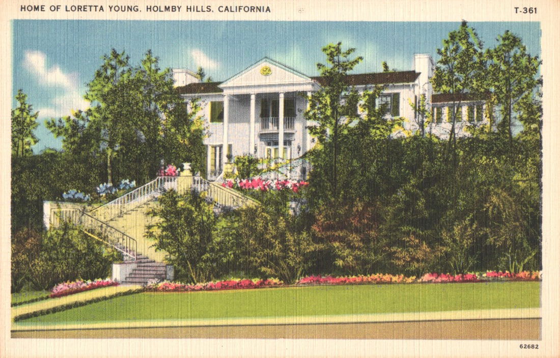 Linen postcard of actress Loretta Young's grand residential home in Holmby Hills, California: You are bidding on an original postcard and not a reprint. Please view photos for further description and condition considerations. Please know the scans may be darker or lighter than the actual item'