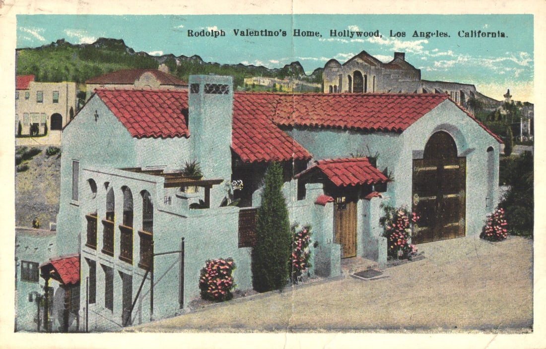 Postcard view of silent film star Rodolph Valentino's Home, Hollywood, Los Angeles, California 1920s: You are bidding on an original postcard and not a reprint. Please view photos for further description and condition considerations. Please know the scans may be darker or lighter than the actual item'