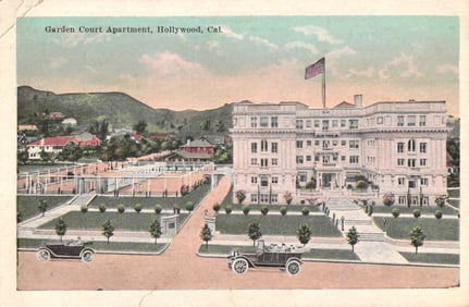 Postcard showing the Garden Court Apartment building and grounds in Hollywood, California circa