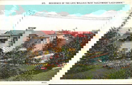 Linen postcard of the residence of the late silent film actor Wallace Reid in Hollywood, California.