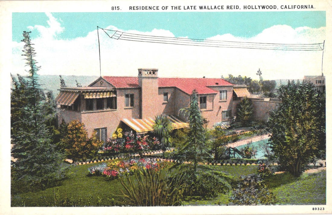 Linen postcard of the residence of the late silent film actor Wallace Reid in Hollywood, California.: You are bidding on an original postcard and not a reprint. Please view photos for further description and condition considerations. Please know the scans may be darker or lighter than the actual item'