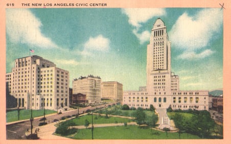 Linen postcard view of The New Los Angeles Civic Center with City Hall, gardens, California 1940s