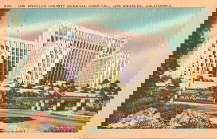 Linen Postcard of the Los Angeles County General Hospital exterior and grounds, Los Angeles,