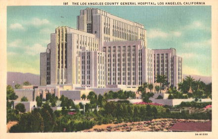 Linen postcard showing the Art Deco architecture of Los Angeles County General Hospital, California